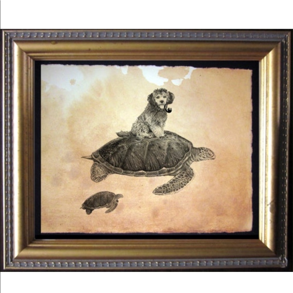 Shih-Poo Dog On Turtle Wall Art Print Tea Stained